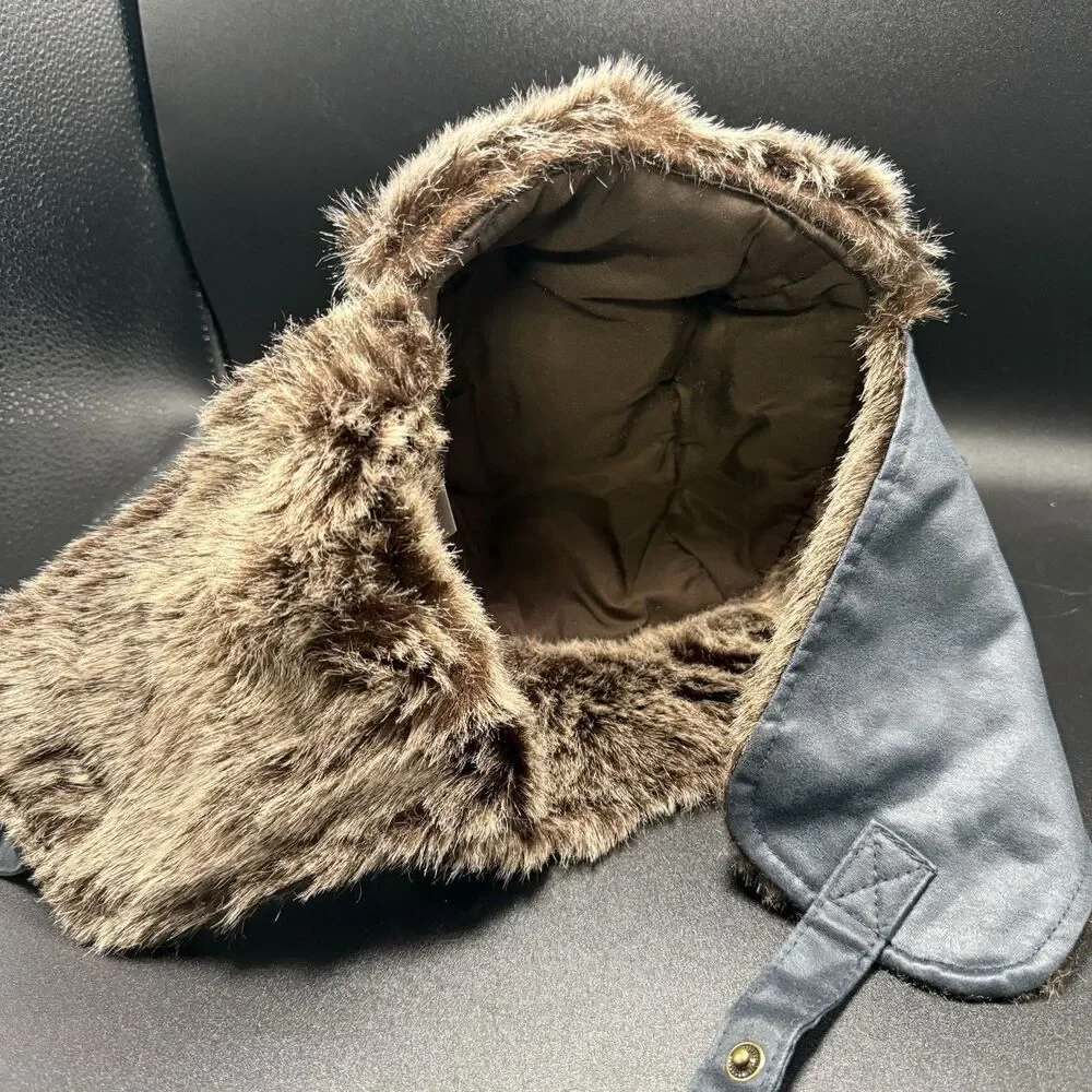 New True Religion Trapper Hat One Size Blue Faux Fur Lined Snap Ear Flaps